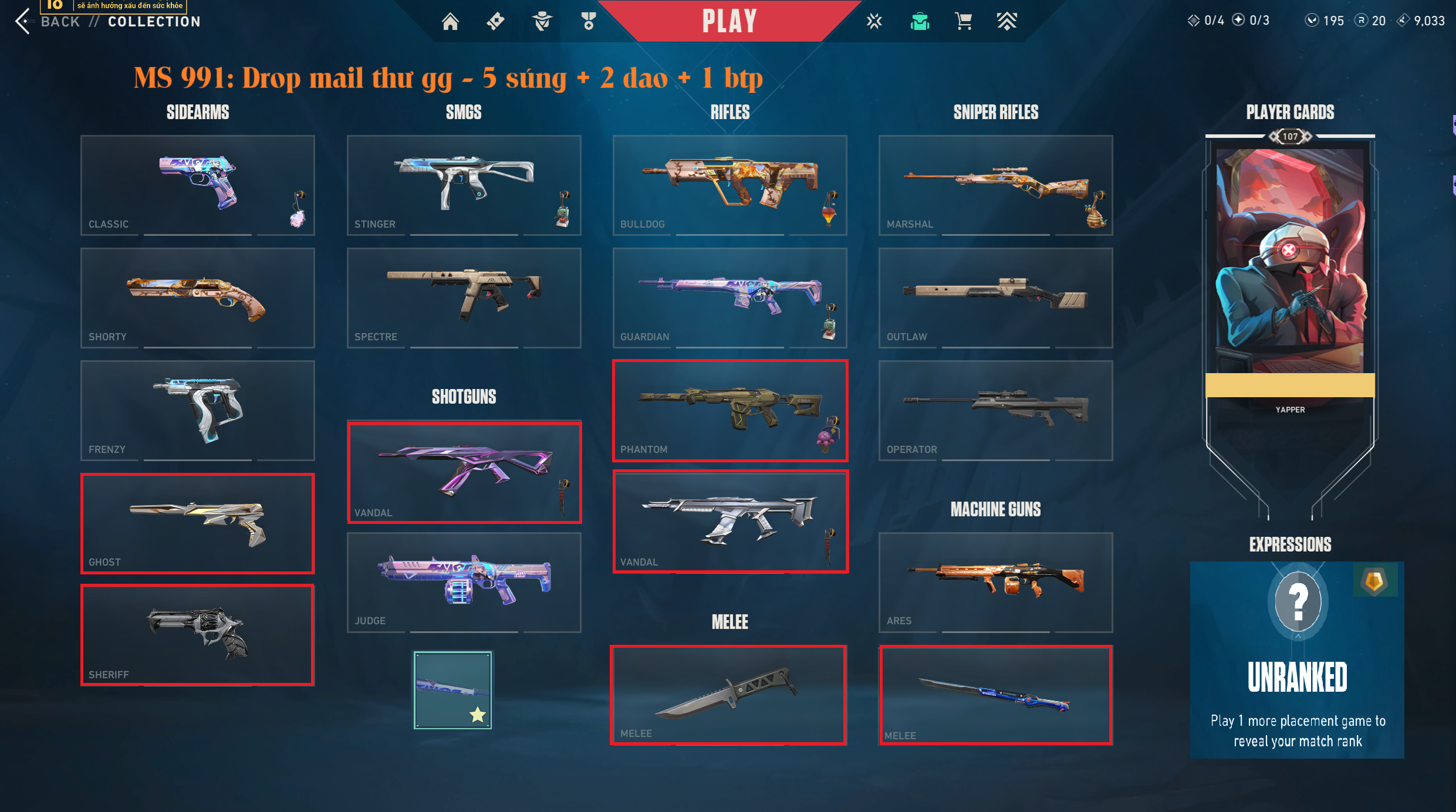 #991 Mua Acc Valorant Drop Mail - 4 súng 2 dao - Vandal kuronami, xeno hunter