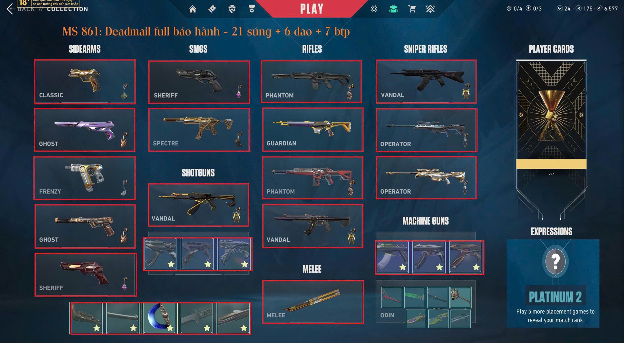 #861 Mua Acc Valorant Mail Bảo Hành - 21 súng 6 dao - Vandal champion 2023, vandal chaos...