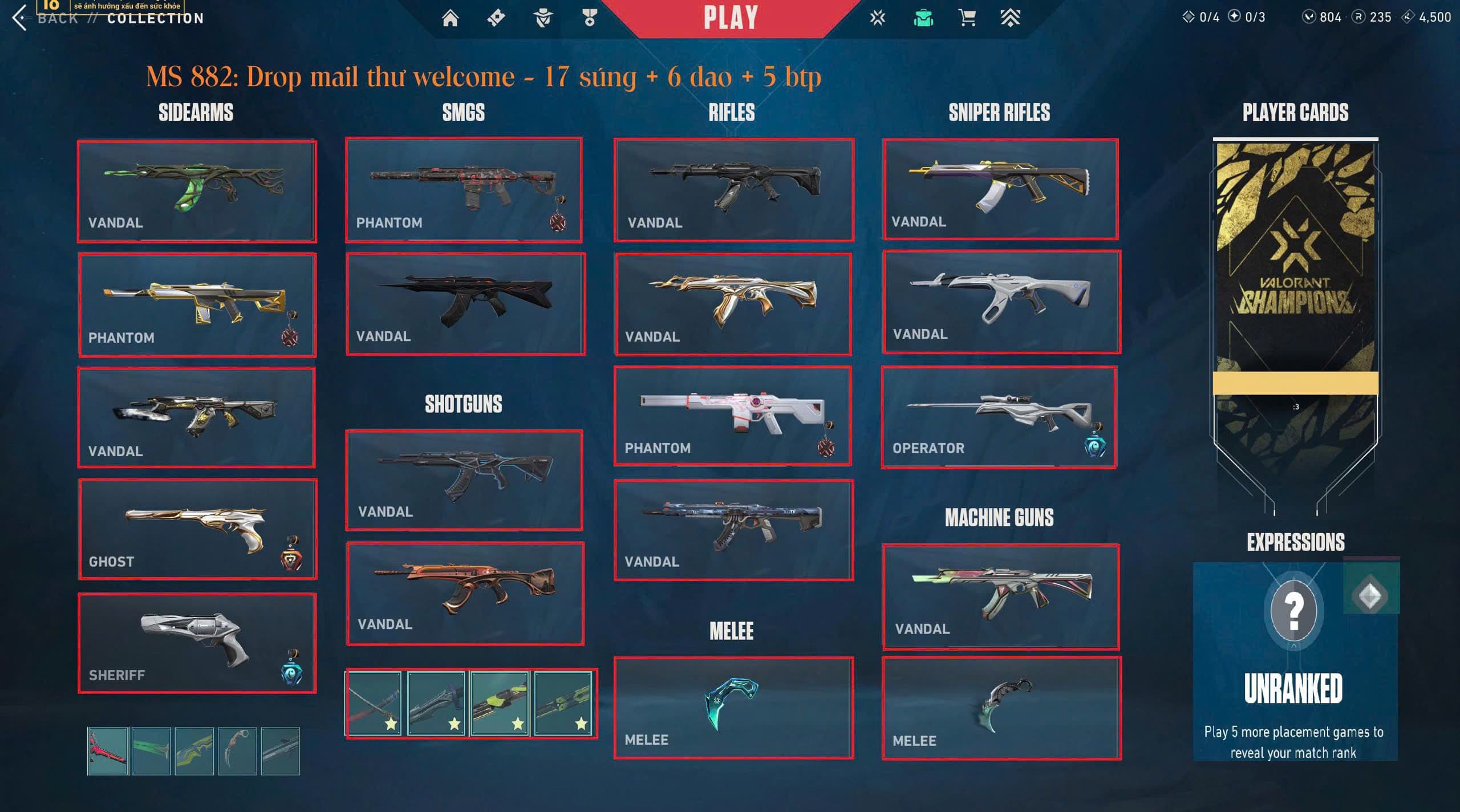 #882 Mua Acc Valorant Drop Mail - 17 súng 6 dao - Vandal Araxys, dao VCT 25, vandal prime