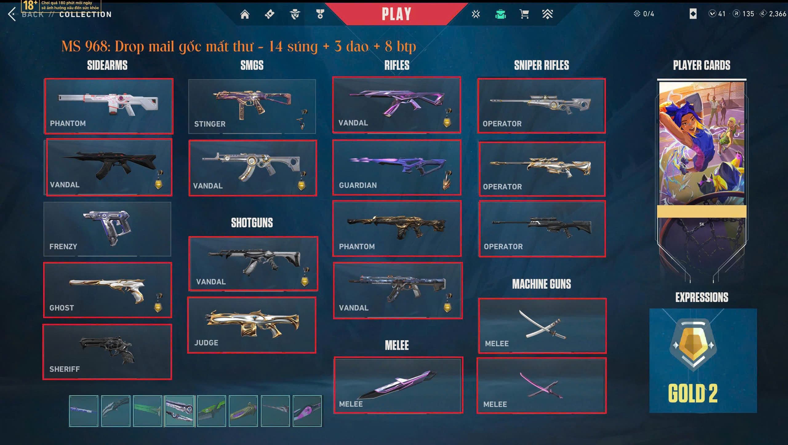 #968 Mua Acc Valorant Drop Mail - 14 súng 3 dao - Vandal Chaos, Phantom Primordium