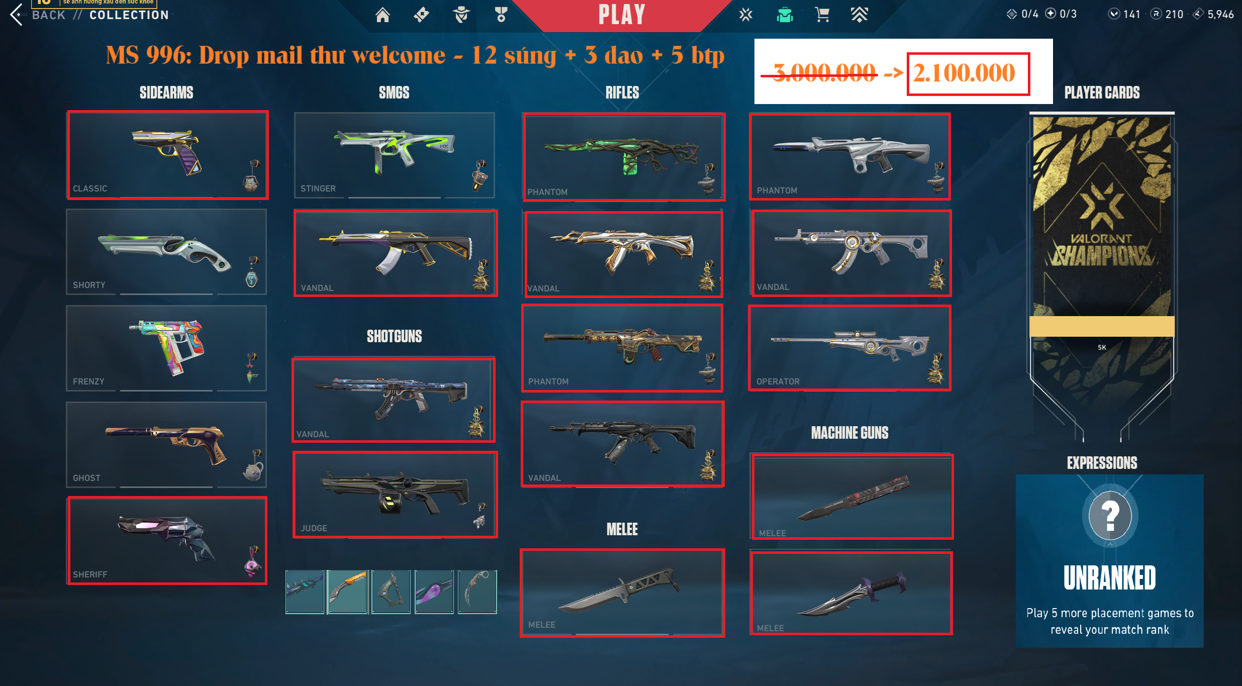 #996 Mua Acc Valorant Drop Mail 1 súng 1 dao vandal xịn