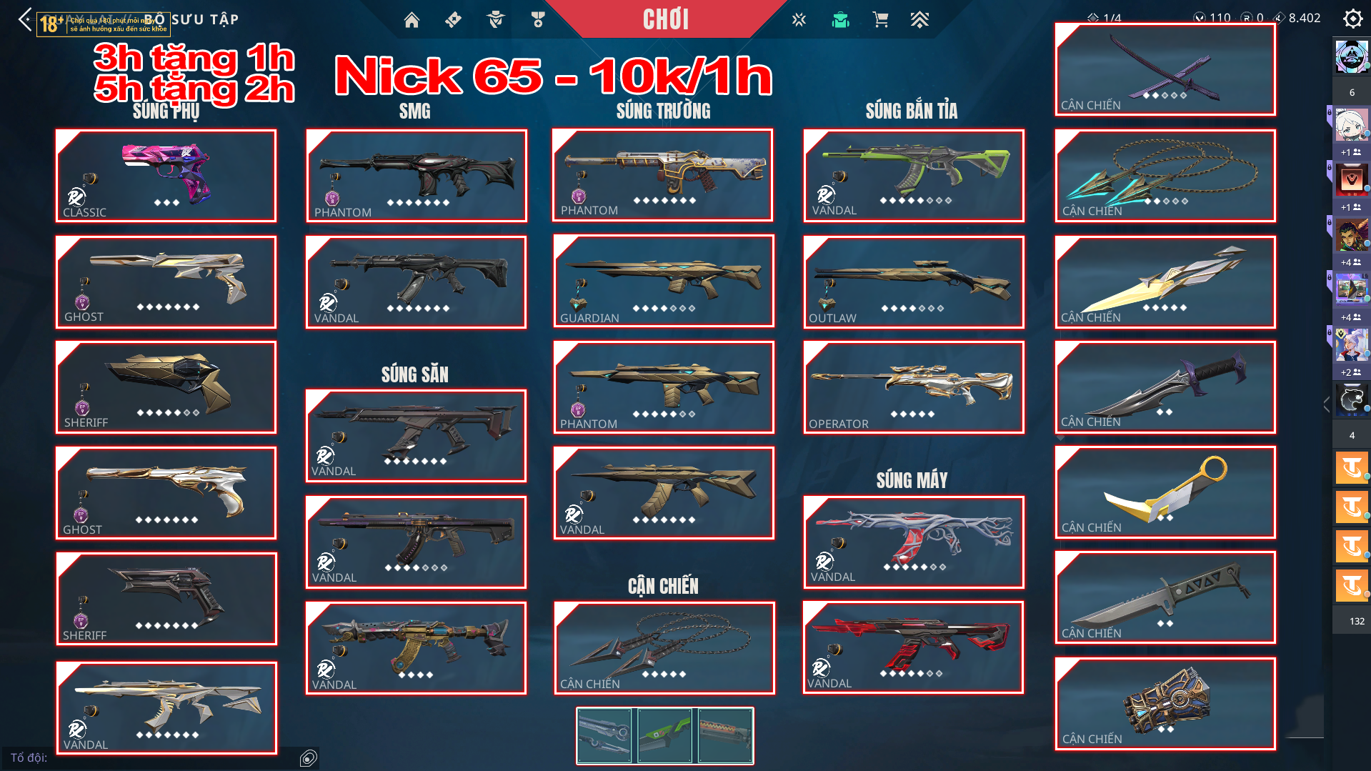 Thuê Account 65 - Thuê Nick Valorant - 99+ Skin - EXO/Arcane/Sing/Prime/Xeno