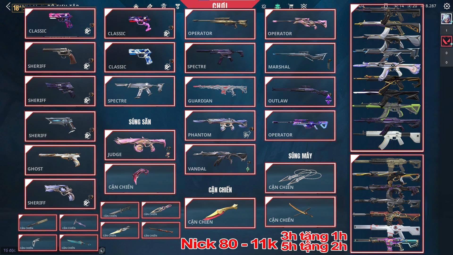 Thuê Account 80 - Thuê Nick Valorant - 99+Skin - VCT 25/ Quạt/ EXO/ Kuronami