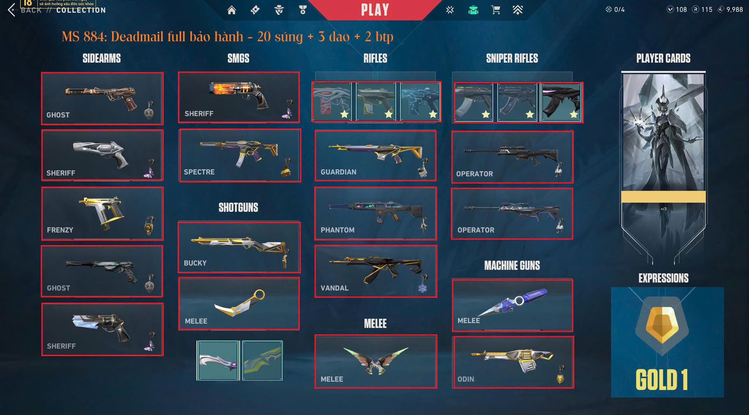 #884 Mua Acc Valorant Mail Bảo Hành - 20 súng 3 dao - Vandal Champion 2023, Phantom Smite