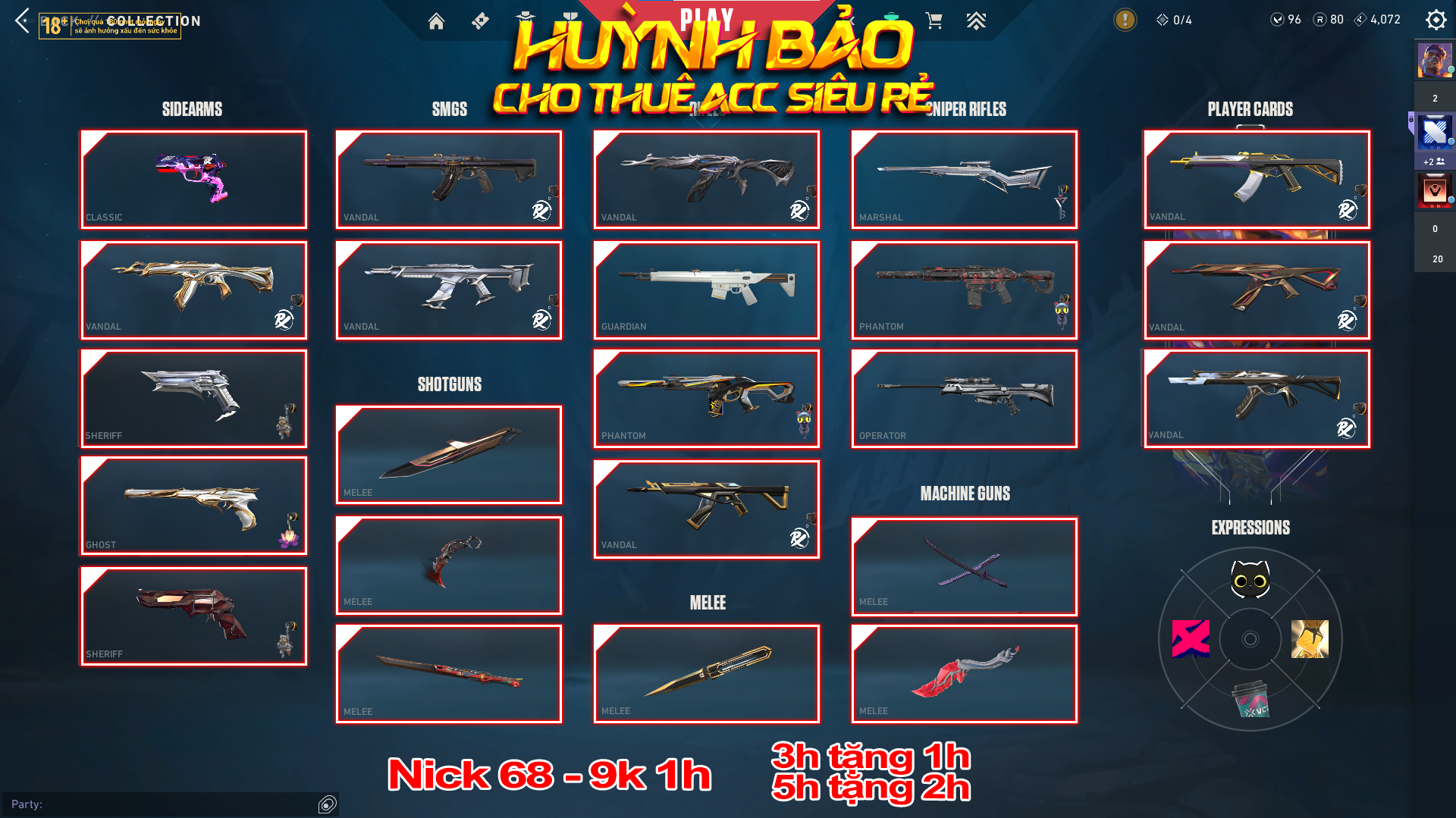 Thuê Account 68 - Thuê Valorant - 99+ Skin - Champ 24/25/EXO/Xero Fang...