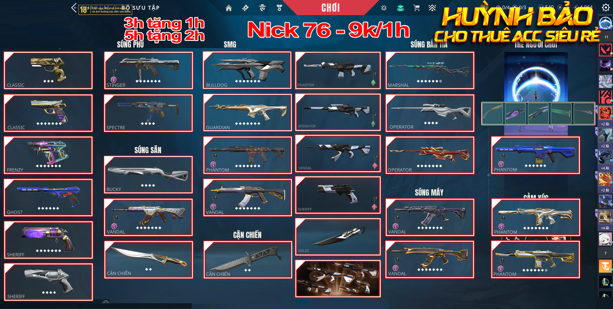 Thuê Account 76 - Thuê Nick Valorant - 99+ Skin - ORA/Xeno Hunter/ Sing/ VCT 24/ Oni
