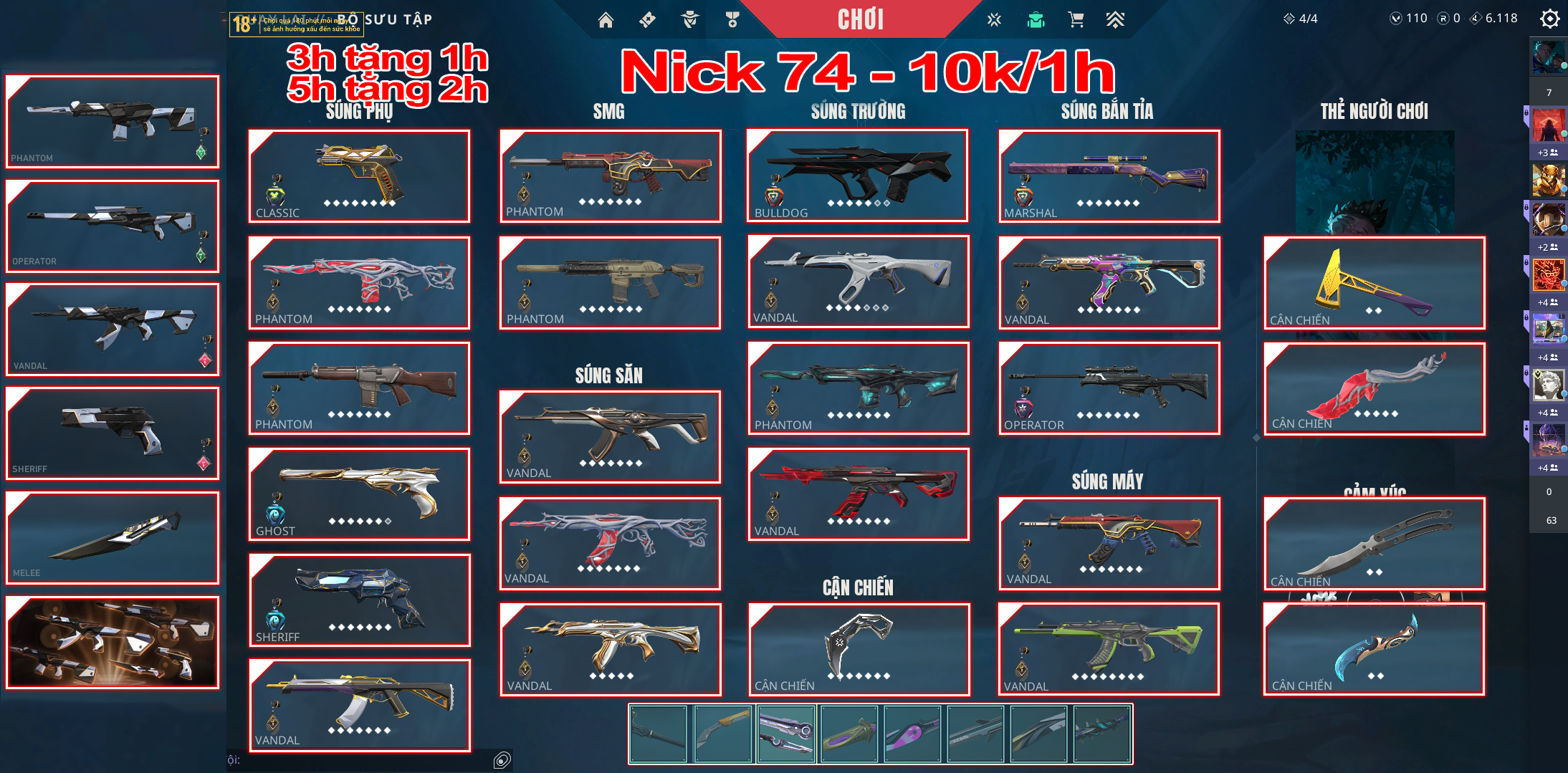 Thuê Account 74 - Thuê Nick Valorant - 99+ Skin - Buddy Radiant/ Gaia 2.0 / VCT 25/ Prime....