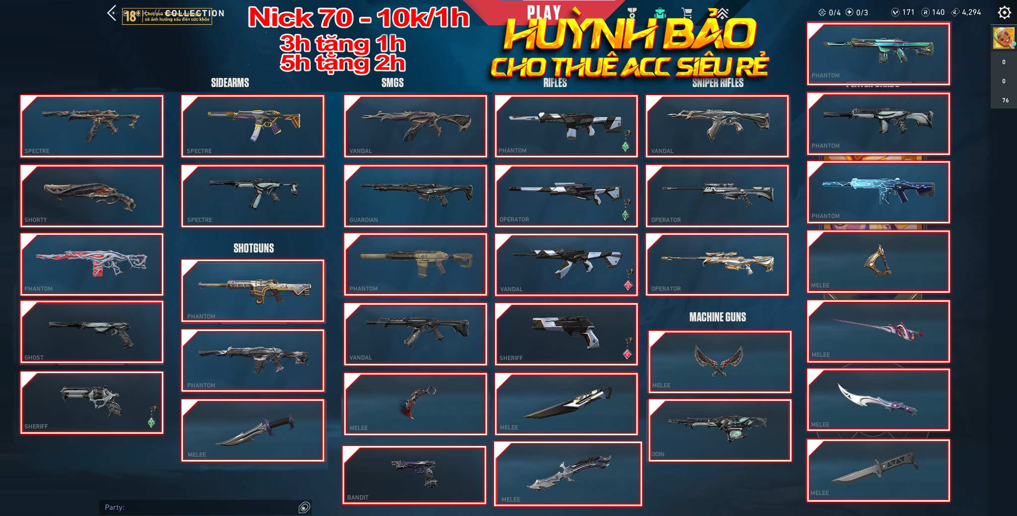 Thuê Account 70 - Thuê Valorant - 99+ Skin - Bundle Ora/ Reaver 1.0-2.0-3.0/ Primodium/