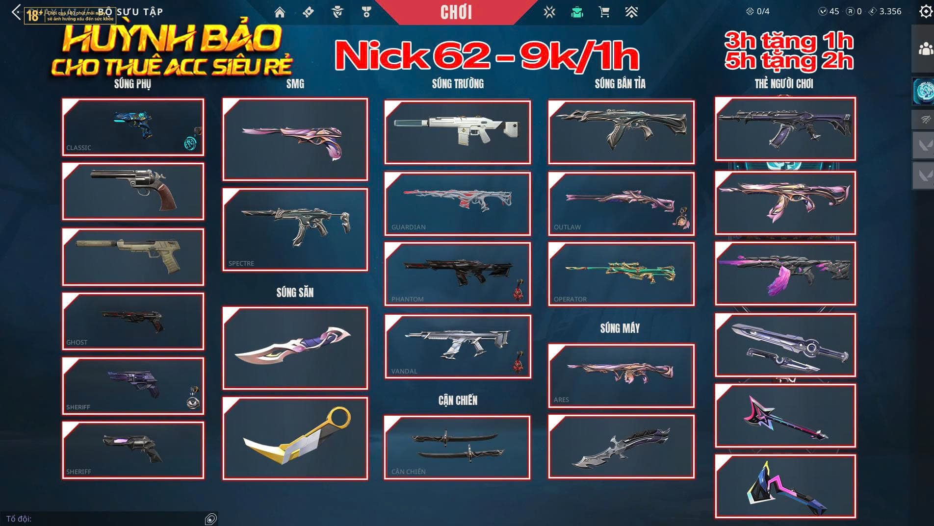 Thuê Account 62 - Thuê Valorant - 99+ Skin - Mystbloom 2.0 - Reaver 3.0 - Akayashi