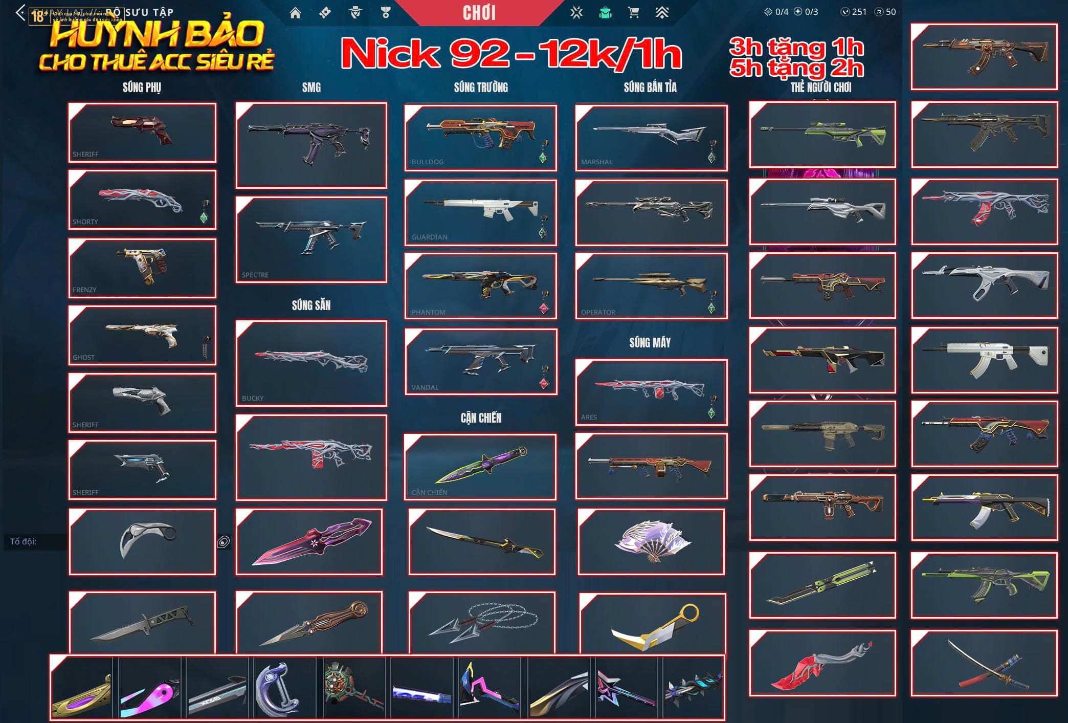 Thuê Account 92 - Thuê Valorant - 99+ Skin - VCT 26 - Quạt - VCT 21 - Kuro.....