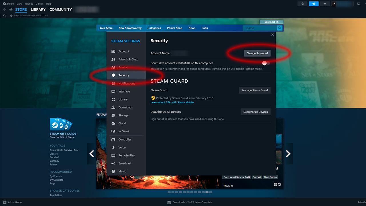 Chọn Security và Change Password trong Settings của ứng dụng Steam