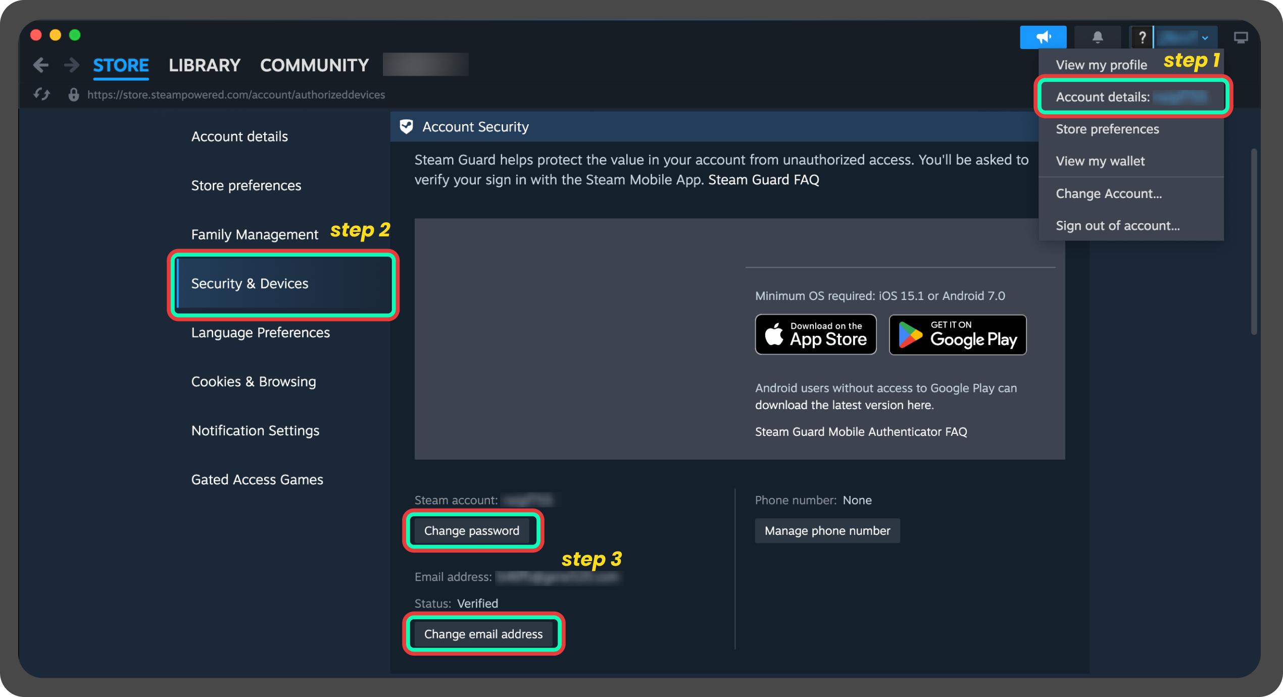 Trang bảo mật tài khoản Steam với tùy chọn đổi mật khẩu và email