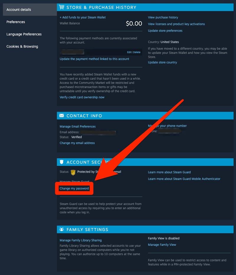 Đổi email Steam trên web tại trang Account details, mục Contact Info