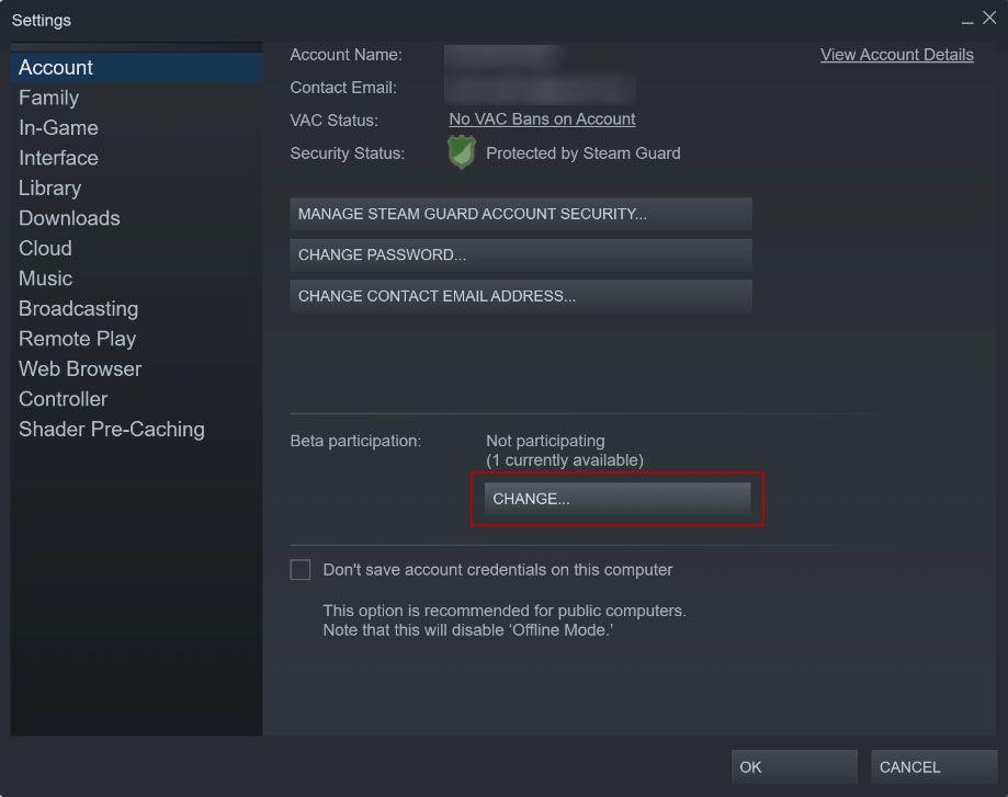 Nút Change Contact Email Address trong tab Account của Settings Steam