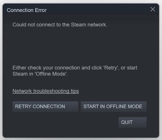 Hộp thoại Connection Error của Steam với tùy chọn Retry hoặc Offline Mode
