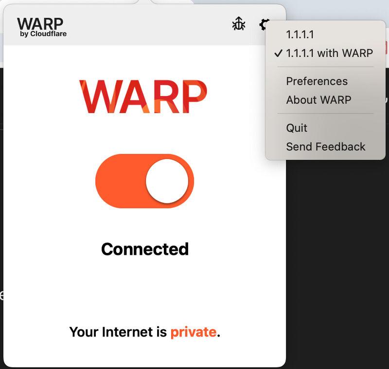 Bật công tắc WARP sang ON, trạng thái Connected và chọn 1.1.1.1 with WARP